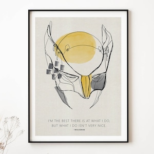 Peut inclure: Une illustration en noir et blanc de la ligne du masque de Wolverine avec un accent jaune. L'arrière-plan est beige clair avec un cercle aquarelle jaune. La citation "Je suis le meilleur dans ce que je fais, mais ce que je fais n'est pas très gentil. -Wolverine" est imprimée sous l'illustration.