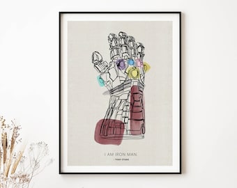 May include: A black and white line drawing of an Iron Man gauntlet with colorful accents. The text "I AM IRON MAN. -TONY STARK" is below the image.