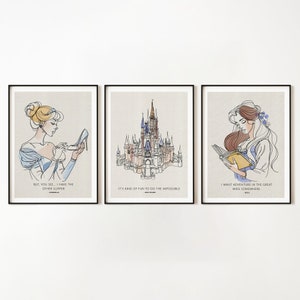 Castle + Princesses Duo - Custom - Ariel Sleeping Beauty Cinderella Aurora Belle Snow White - Line art- Illustrated Poster Gift