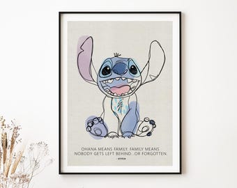 Minimalist Stitch Quote Poster | Subtle Kids Wall Decor | Ohana Family Home Decor | Gift for Disney Lovers | Illustrated Line Art Print