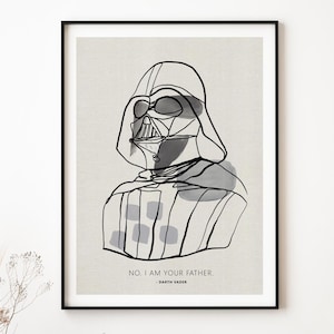 May include: A black and white line art illustration of Darth Vader from Star Wars. The background is a light grey watercolour wash. The quote "NO. I AM YOUR FATHER. - DARTH VADER" is printed below the illustration.