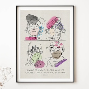 Membres virtuels du groupe Gorillaz - Art abstrait - Dessin au trait - Poster illustré