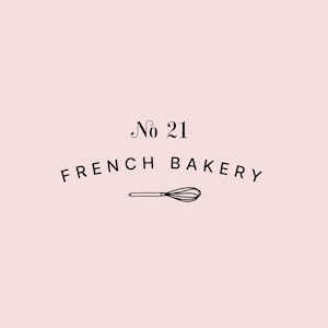 May include: Black and white logo for a bakery called "No 21 French Bakery". The logo features a whisk.