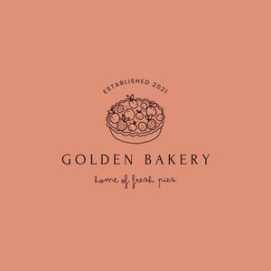 May include: Black and white logo for Golden Bakery, established in 2021. The logo features a pie with a flaky crust and a variety of fruit filling. The text "home of fresh pies" is below the pie.