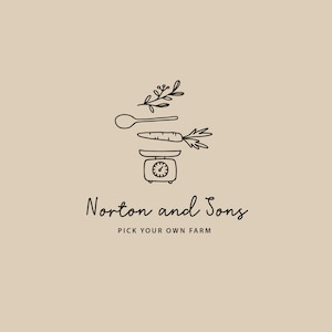 May include: Black and white line drawing logo for Norton and Sons Pick Your Own Farm. The logo features a scale, a carrot, a spoon, and a sprig of greenery.