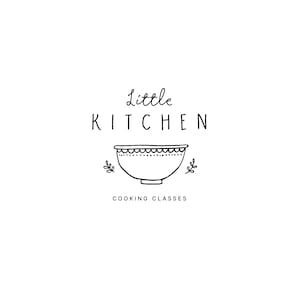 May include: Black and white logo for a cooking class business called "Little Kitchen". The logo features a simple drawing of a bowl with a decorative rim and two small sprigs of greenery.