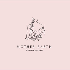 May include: A minimalist line drawing of a mother holding a baby, adorned with floral elements. The words "MOTHER EARTH" and "DELICATE SKINCARE" are below the illustration, set against a soft pink background.