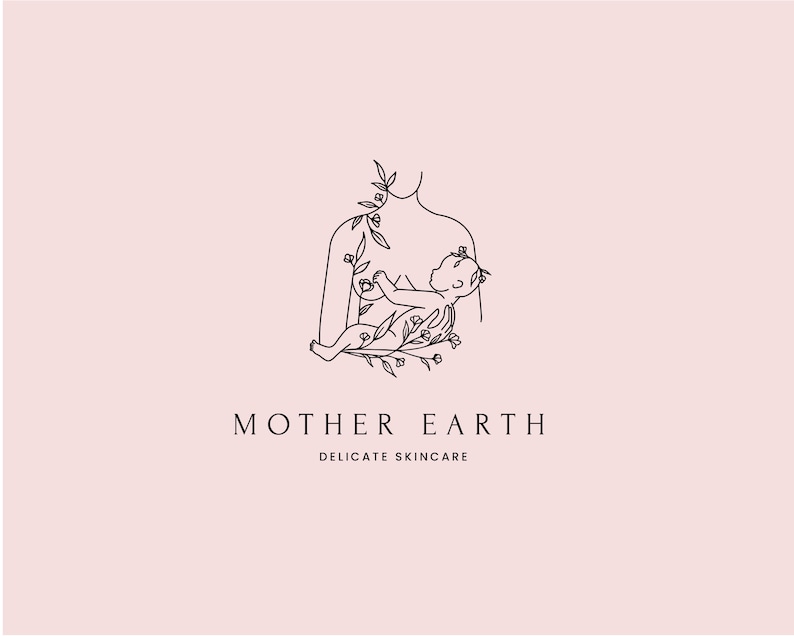 May include: A minimalist line drawing of a mother holding a baby, adorned with floral elements. The words "MOTHER EARTH" and "DELICATE SKINCARE" are below the illustration, set against a soft pink background.