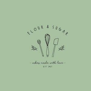 May include: Black and white logo for a bakery called "Flour & Sugar" with the tagline "cakes made with love - EST 2021". The logo features three baking tools: a whisk, a spatula, and a wooden spoon.