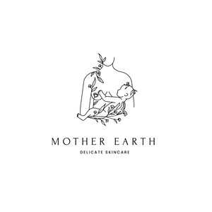 May include: A minimalist black and white line drawing of a mother holding a baby, surrounded by floral elements. The text "MOTHER EARTH DELICATE SKINCARE" is below the illustration, suggesting a natural skincare product.