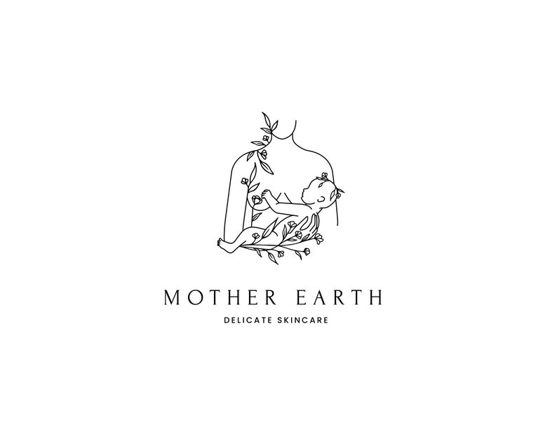 May include: A minimalist black and white line drawing of a mother holding a baby, surrounded by floral elements. The text "MOTHER EARTH DELICATE SKINCARE" is below the illustration, suggesting a natural skincare product.