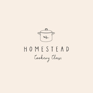May include: Black and white line drawing of a pot with a lid and a sprig of leaves inside. The text "HOMESTEAD Cookery Class" is below the pot.