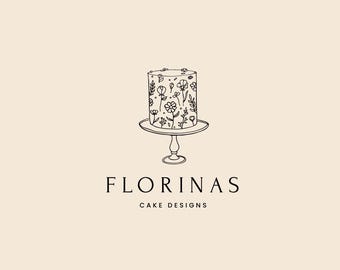 Puede incluir: Logotipo en blanco y negro de línea de arte para Florinas Cake Designs. El logotipo presenta un pastel con diseños florales sobre un pedestal.