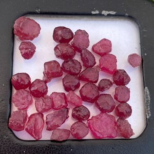 Op de afbeelding: Een verzameling ruwe, ongeslepen robijn edelstenen in verschillende vormen en maten. De edelstenen hebben een dieprode kleur en worden gepresenteerd in een witte tray met een zwarte rand. De stenen hebben een natuurlijke, ongepolijste uitstraling.