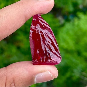 Peut inclure: Une pierre précieuse polie, rouge foncé, avec des veines blanches, tenue entre les doigts. La pierre a une surface lisse et brillante et une forme triangulaire. Le fond est vert flou, suggérant un cadre naturel.