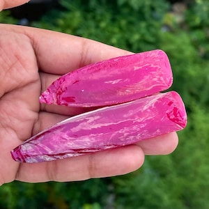 Op de afbeelding: Twee langwerpige, roze edelstenen met een glanzend, getextureerd oppervlak. De edelstenen worden in een hand gehouden, met een vage groene achtergrond. De stenen hebben een natuurlijk, ruw uiterlijk en tonen hun unieke kleur en vorm.