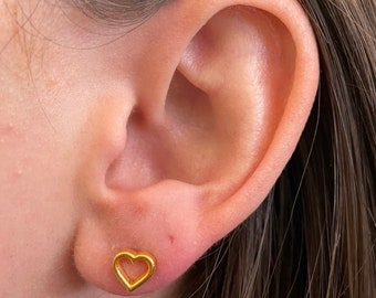 Golden Heart Stud Earrings, Hollow Heart Posts 22k Gold, Empty Heart Studs, 22k Vermeil over Sterling Silver