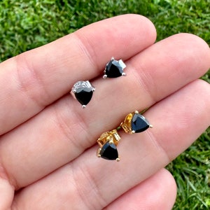 Black Spinel Trillion Gemstone Earrings, Sterling Silver and Gold Vermeil Stud Earrings