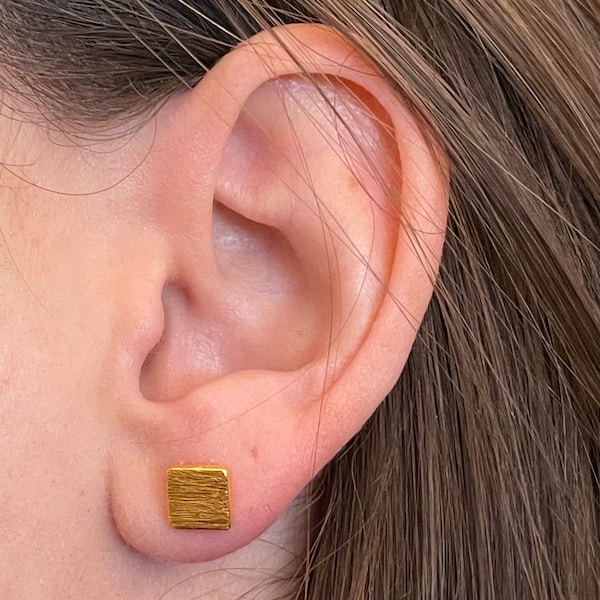 22k Gold over Sterling Silver Cushion Stud Earrings, Square Gold Vermeil Studs, Brushed Gold