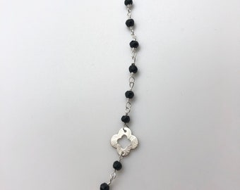 Necklace, Black Spinel, Wire-Wrapped with Sterling Silver Clover Charms