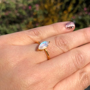 Ring, Rainbow Moonstone, Marquise, 22k Gold over Sterling Silver, June Birthstone Gold Vermeil Ring