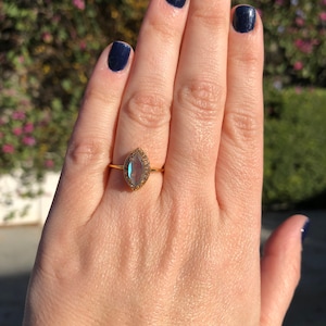 Ring, Marquise Cut Labradorite with White Topaz Halo, 22k Gold Vermeil over Sterling Silver