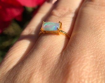 Baguette Ring, Welo Ethiopian Opal, 22k Gold over Sterling Silver, October Birthstone Gold Vermeil Ring