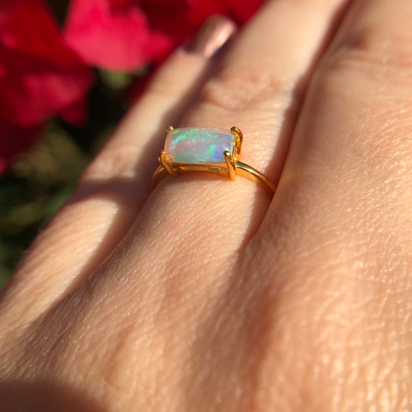 Baguette Ring, Welo Ethiopian Opal, 22k Gold over Sterling Silver, October Birthstone Gold Vermeil Ring