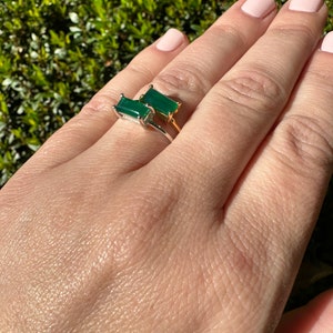 Natural Green Onyx Baguette Ring, Sterling Silver & Gold Vermeil