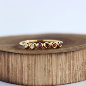 Six Stone Ring Red Ombré: Rainbow Moonstone, Rose Quartz, Rhodalite Garnet, Red Garnet, Ruby and Amethyst, Sterling or Gold Vermeil