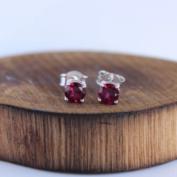 5mm Round Pink Rhodolite Garnet Stud Earrings, Prong Set January Birthstone Earrings