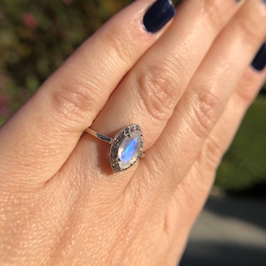Ring, Marquise Rainbow Moonstone with White Topaz Halo, Sterling Silver, June Birthstone