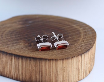 Red Garnet Baguette Earrings: Sterling Silver January Birthstone Studs