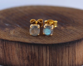 5mm Round Natural Labradorite Stud Earrings, Prong Set