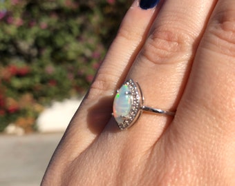 Ring, Marquise Natural Welo Ethiopian Opal with White Topaz Halo, Sterling Silver, October Birthstone Ring