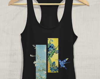 Van Gogh Hummingbird Tank top, Classic Art shirt, Trending Graphic Tank, Irises & Almond Blossoms, Starry Night Aesthetic Clothing