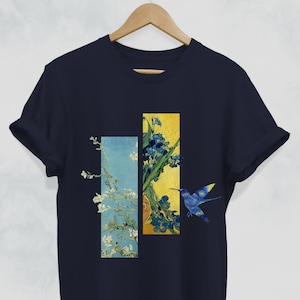 Van Gogh Hummingbird shirt, Art T-shirt, Trending Graphic Tee, Cute Summer Top, Irises & Almond Blossoms, Starry Night Aesthetic Clothing