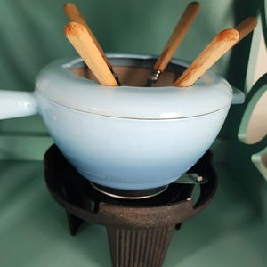 Vintage 1980s Le Creuset Enameled Cast Iron Blue Fondue Set