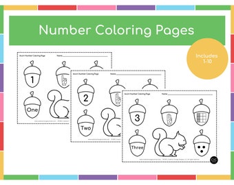 Acorn Number Coloring Pages - 1-10 Coloring Pages - Fall Worksheets - Harvest Printables - Preschool Worksheets - Kindergarten Worksheets