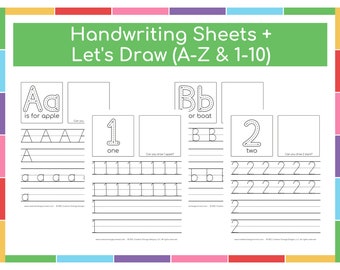 Handwriting Practice Sheets + Let's Draw, Handwriting Practice for Kids, Handwriting Worksheet for Kids, Letter Tracing Worksheet