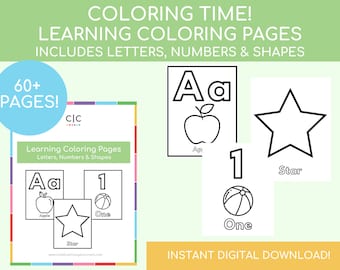 May include: A printable coloring book with 60+ pages featuring letters, numbers, and shapes. The cover shows a sample page with a coloring page of the letter A, the number 1, and a star.