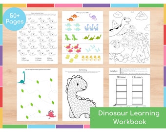 May include: A dinosaur learning workbook with over 50 pages of activities. The cover features a green dinosaur with a colorful background. The workbook includes activities such as color by number, dot painting, and sorting.