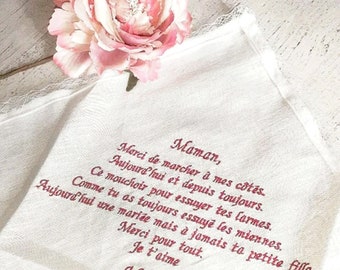 Wedding handkerchief souvenir embroidered lace personalized message of your choice cotton linen gift witnesses family bride and groom tears of joy