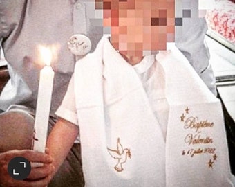 Echarpe de baptême bébé enfant brodée personnalisée prénom double gaze coton lin étoiles colombe personnalised embroidery baptism scarf