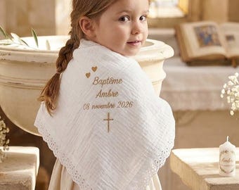 Chale de baptême bébé enfant brodé personnalisé prénom croix coeurs dentelle broderie anglaise double gaze coton linge blanc cérémonie