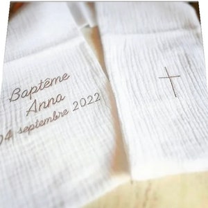 Personalized embroidered baby child baptism scarf first name small cross linen double gauze white cotton image 3