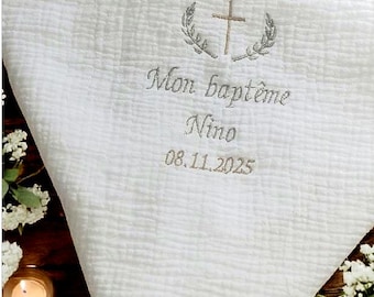 Sciarpa/fascia personalizzata per battesimo di neonato/bambino con ricamo di nome, croce e ramo di palma. Lino bianco per cerimonie, doppia garza di cotone.