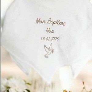 Personalized embroidered baby christening shawl with name and dove design, double gauze cotton, Oeko-Tex certified, white linen, gift for the ceremony or