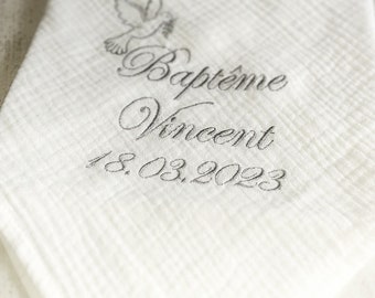 Châle Lange etole de baptême bébé enfant double gaze coton blanc brodé personnalisé prénom colombe personnalised embroidery baptism