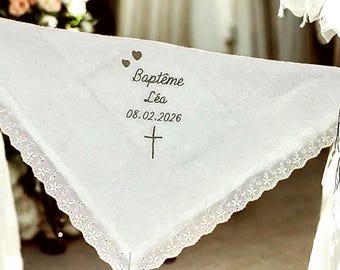 Mantón de bautizo para bebé/niño bordado personalizado con nombre, cruz, corazones, encaje, bordado de ojales, gasa doble de algodón, lino blanco, ceremonia